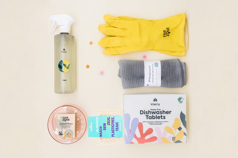 nachhaltige Reinigungsprodukte, Kleany Putzprodukte, antibakterielles Mikrofasertuch, lastenfreie Putzhandschuhe