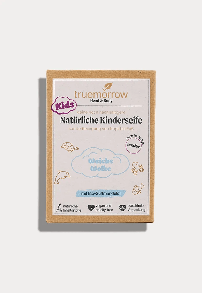 Truemorrow Natürliche Kinderseife, Weiche Wolke, mit Bio-Süßmandelöl, natürliche Inhaltsstoffe, vegan, tierversuchsfrei, plastikfreie Verpackung