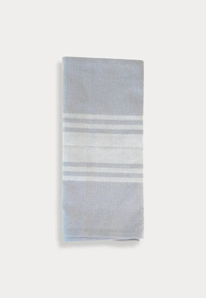 French table runner, gray with white stripes, made from recycled plastic bottles