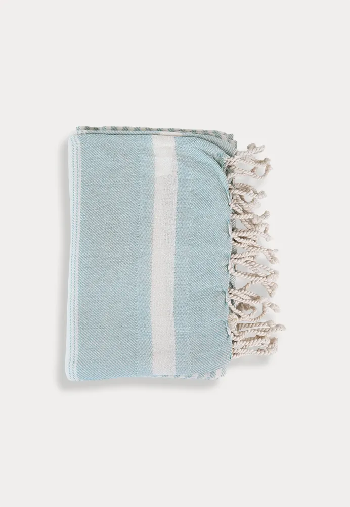 Hamam towel in light blue/turquoise with white stripes, made from recycled plastic bottles