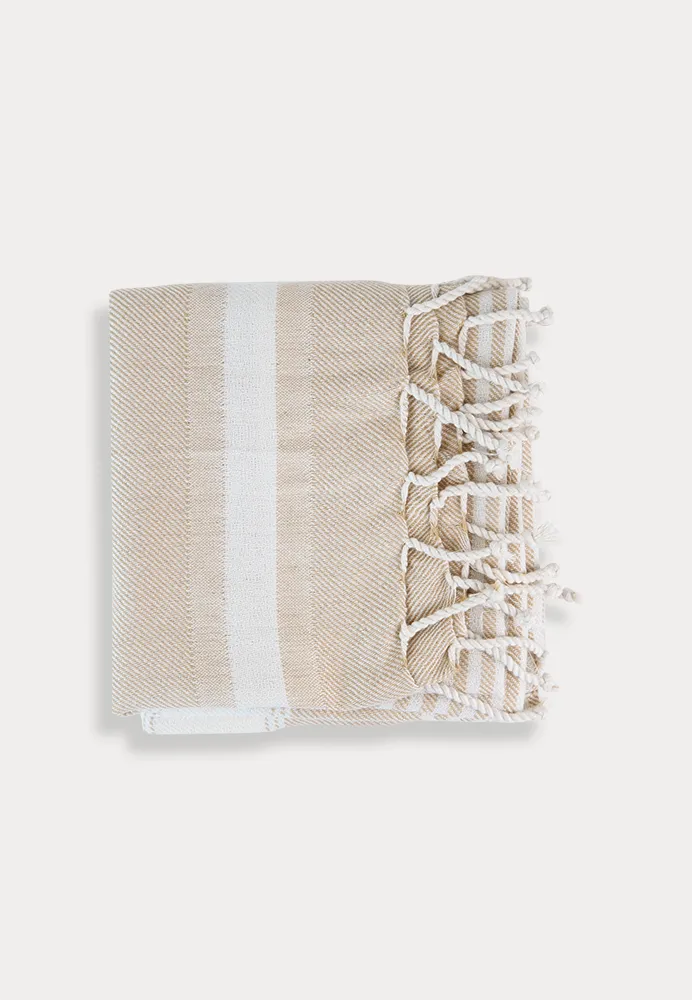 Hamam towel in beige with white stripes, made from recycled plastic bottles