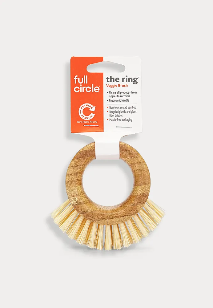Vegetable brush, bamboo handle and bristles made from recycled plant fibers and plastic