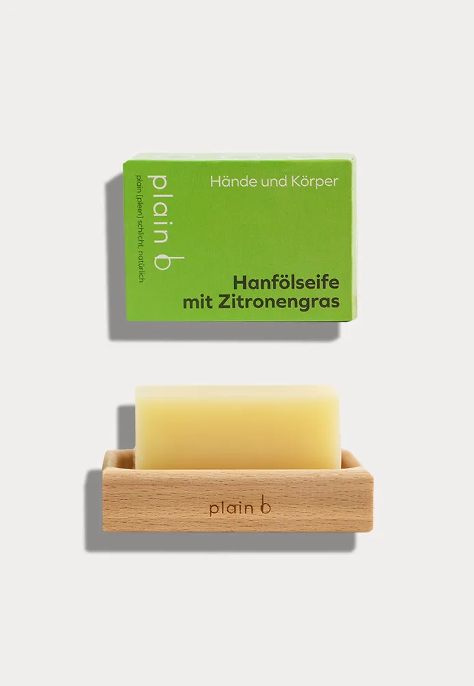 Set aus Seifenablage und Hanfölseife von plain b, vegan, 