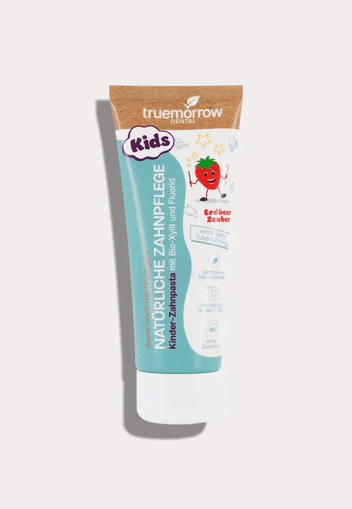 Truemorrow Kinder-Zahnpasta mit Fluorid, Erdbeer Zauber, recycelbare Tube, natürliche Inhaltsstoffe