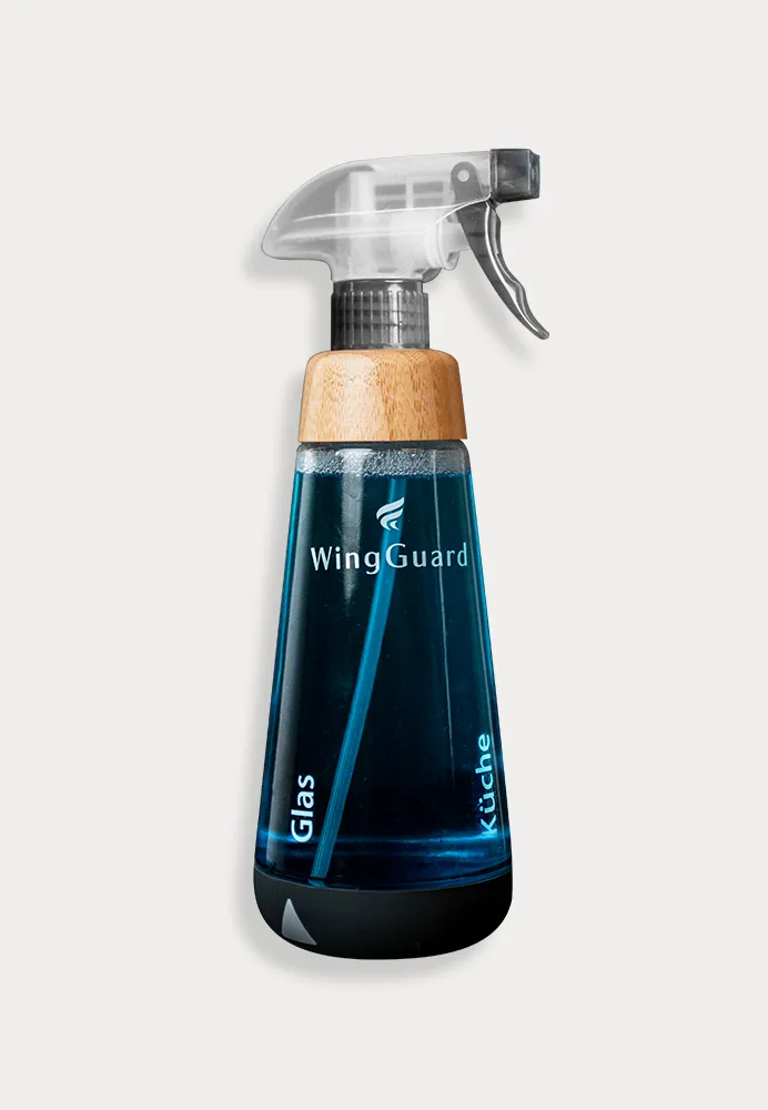 WingGuard Reinigungsflasche, 500 ml Fassungsvermögen, mit schützendem Silikonring, spülmaschinenfestes Glas,