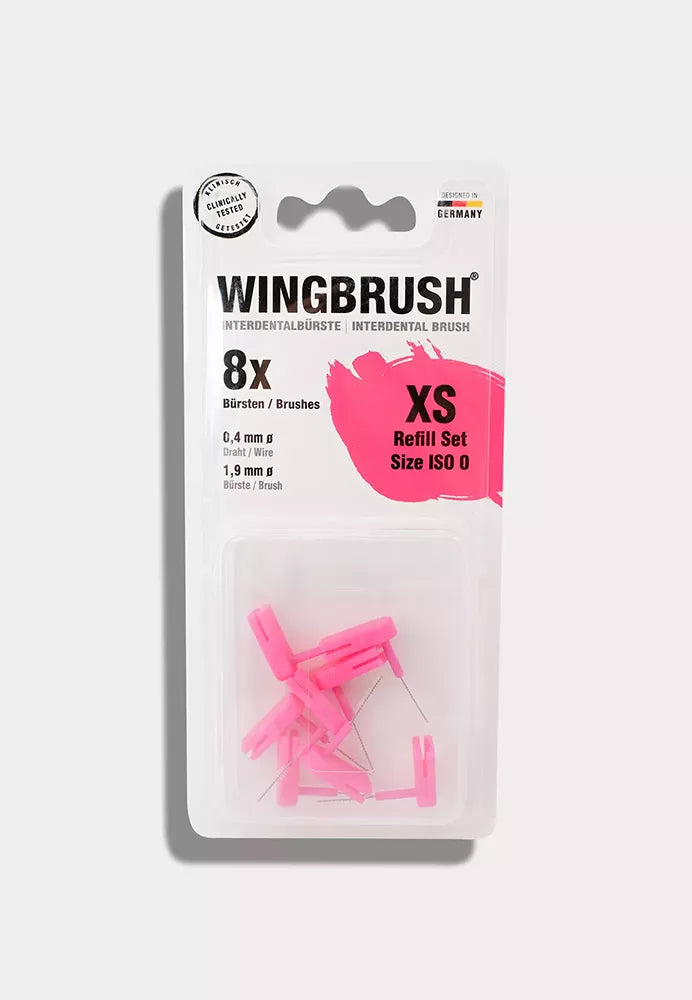 Wingbrush interdental brush refill set, 8 interchangeable brushes including travel case, size XS